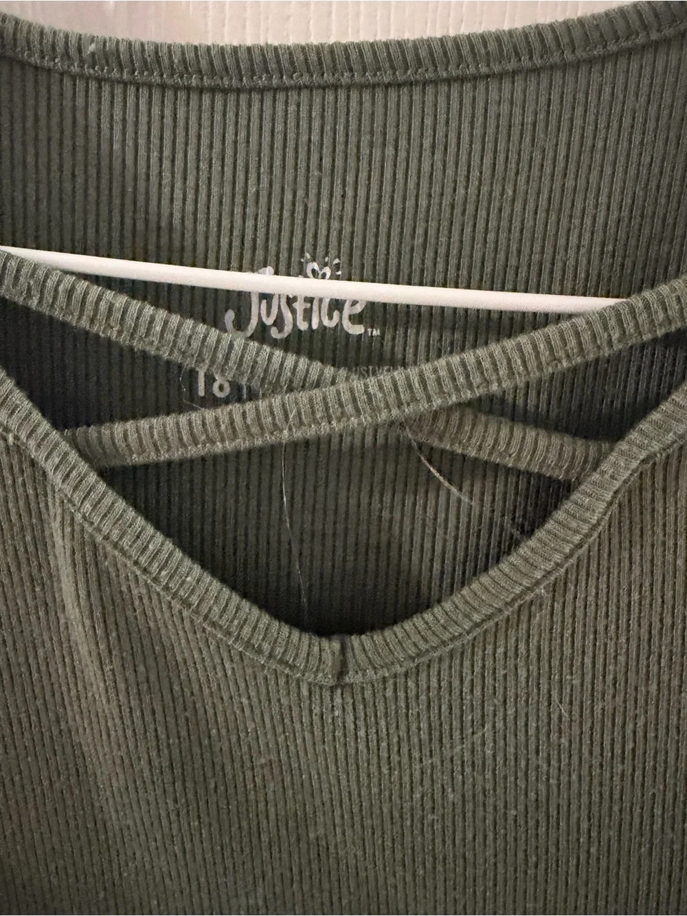 Justice Olive Green Ribbed V-Neck Bodysuit with Crisscross Straps